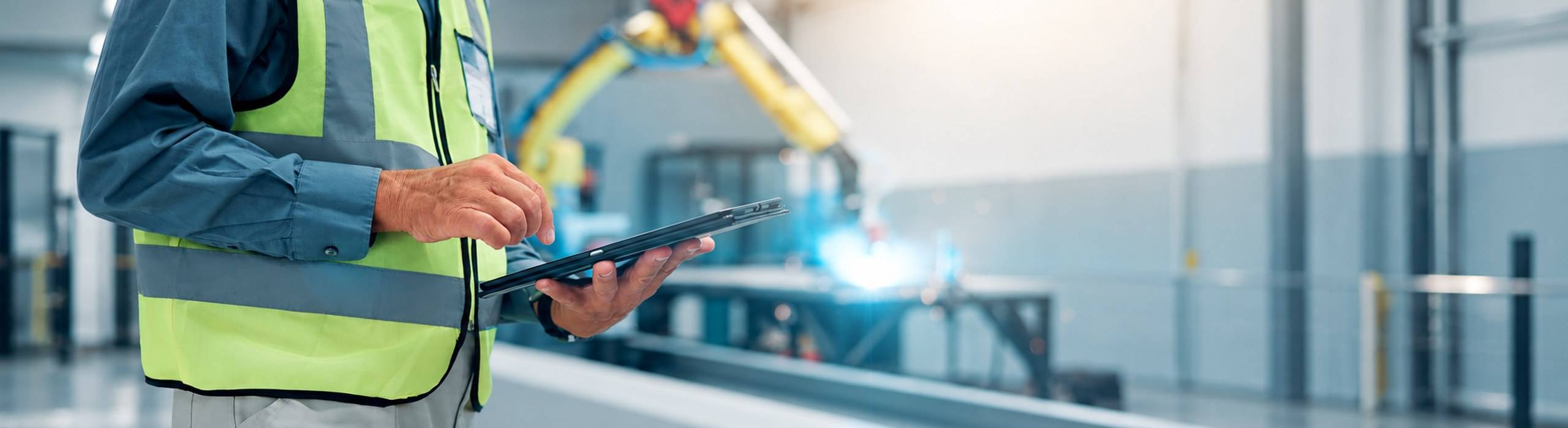 Connected frontline worker in a safety vest uses a tablet beside a factory robot arm