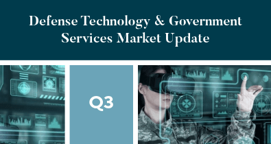 Mission systems displays and a service member using an augmented reality interface beside a Q3 tile under the Defense Technology & Government Services Market Update banner