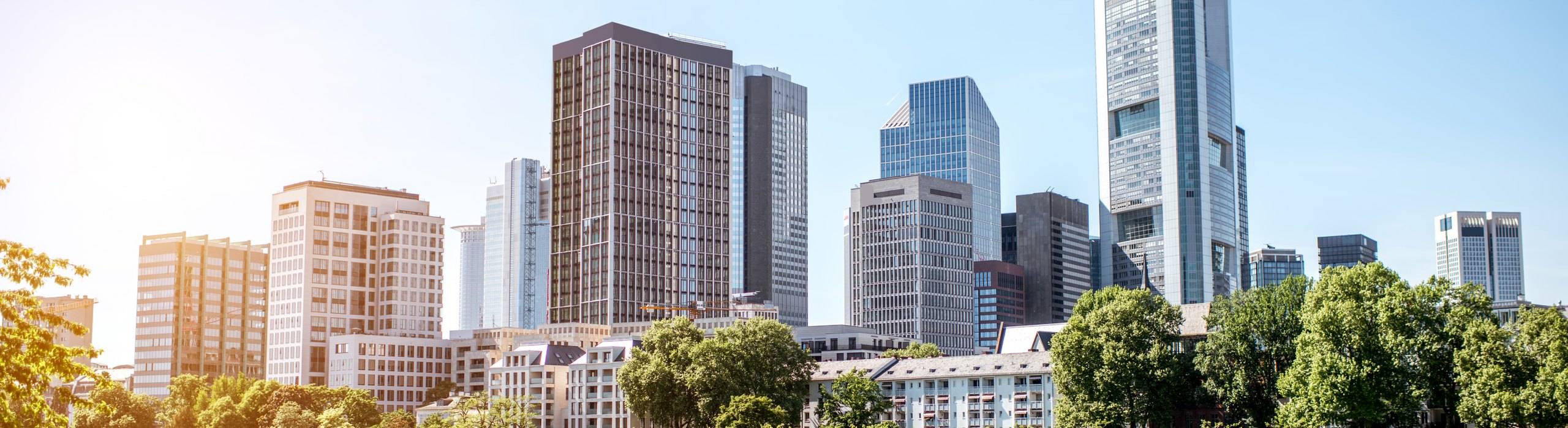 Frankfurt financial district towers above the riverside trees, a hub of European private markets