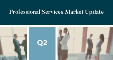 Teal banner reading Professional Services Market Update above a Q2 tile and three photographs of colleagues meeting in a glass-walled office