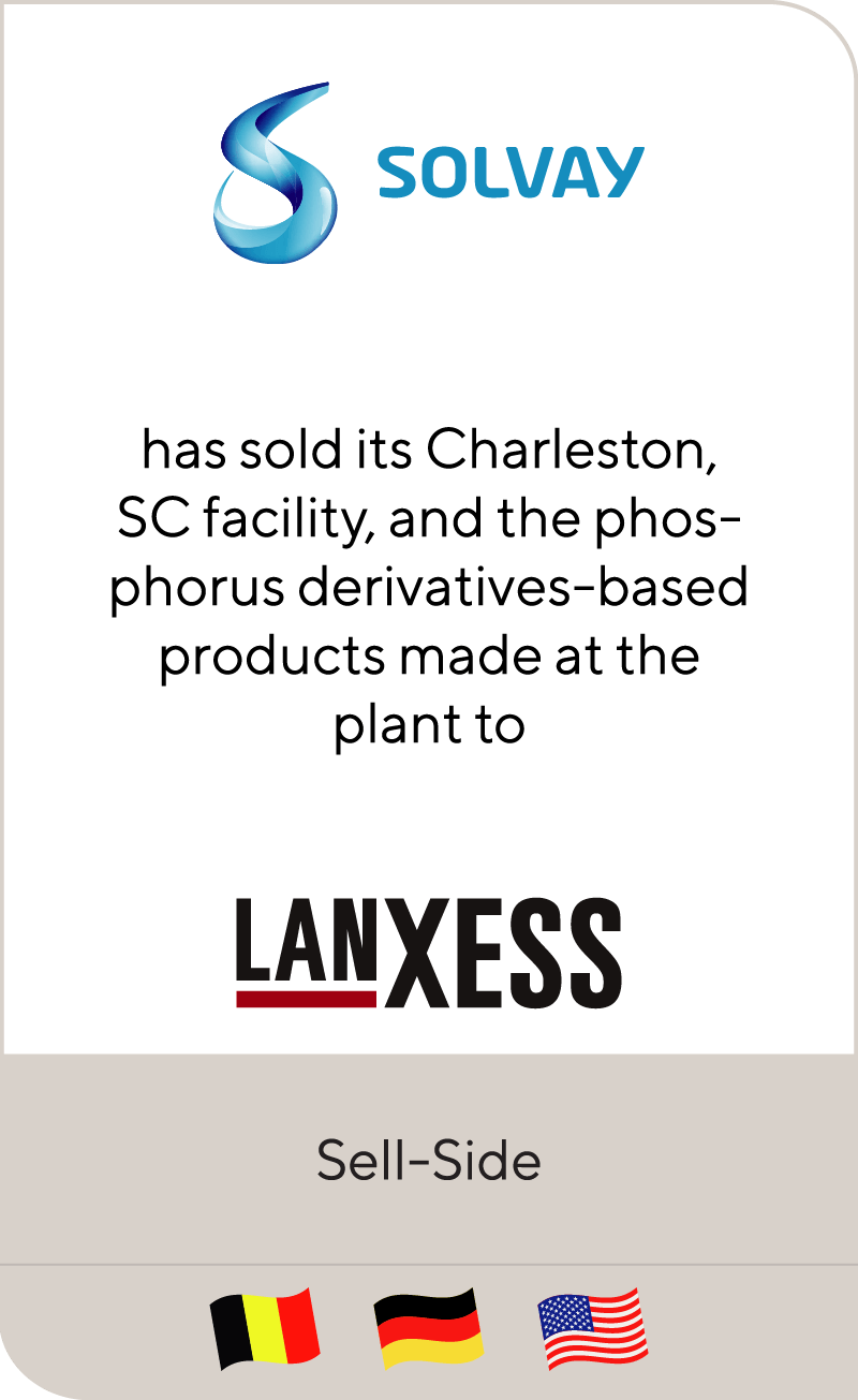 Solvay has sold its facility in Charleston, SC, and the phosphorus derivatives-based products made at the plant, to Lanxess