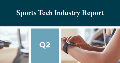 Gym floor and a person checking a fitness tracker beside a Q2 tile under the Sports Tech Industry Report banner